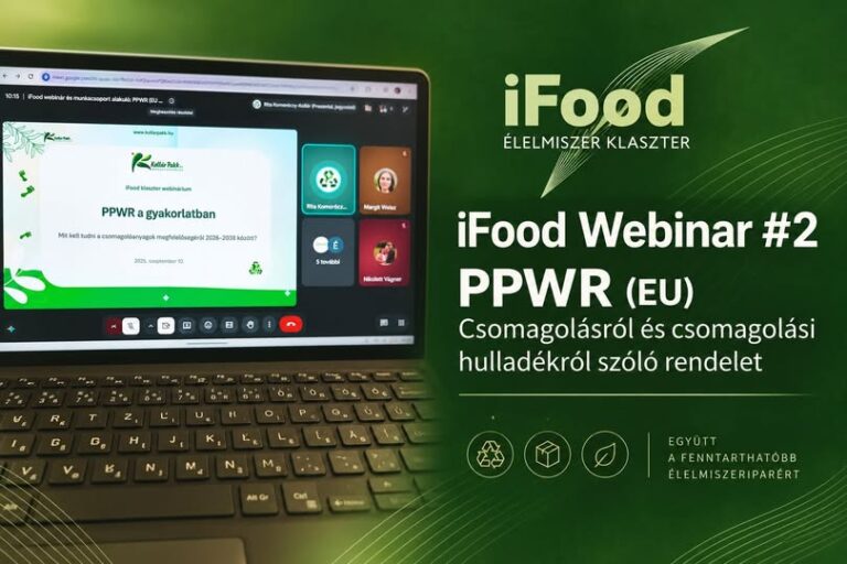iFood Cluster PPWR webinar graphic showing a laptop with the opening slide of the Kollár Pakk Kft. presentation and the online participants